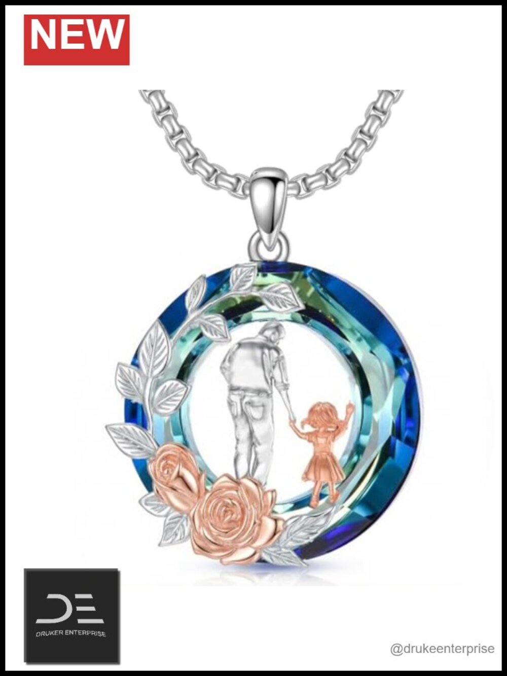 925 Sterling Silver Blue Crystal Pendant Necklace Family Jewelry Gift for Mom